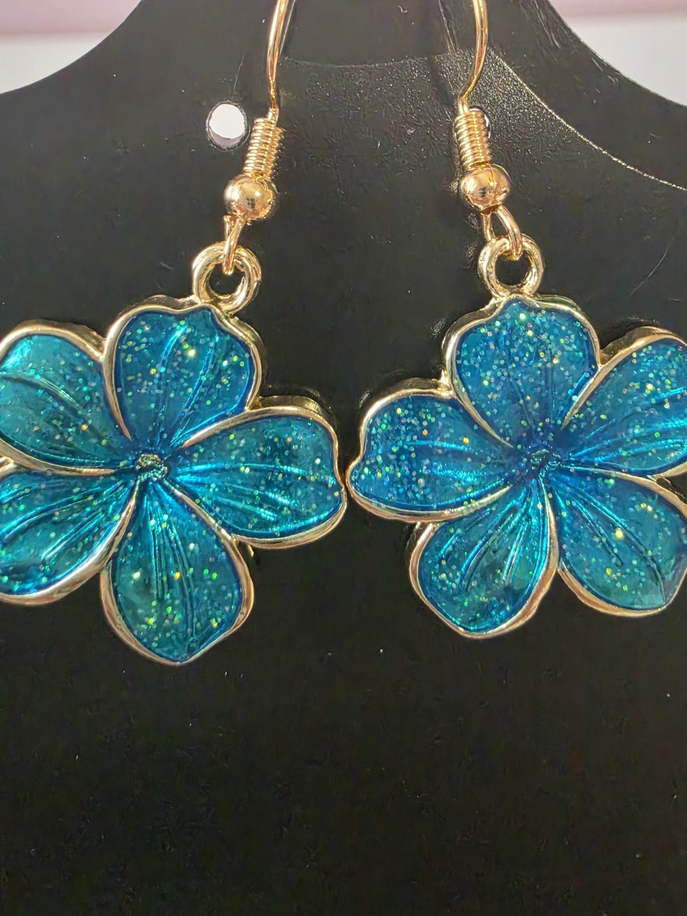 Sparkling Teal Flower Drop Earrings with Gold Trim